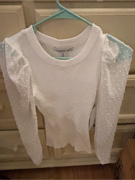 Madden Girl Sweaters - Madden Girl White Textured Ribbed Top with Dot-Pattern Sleeves